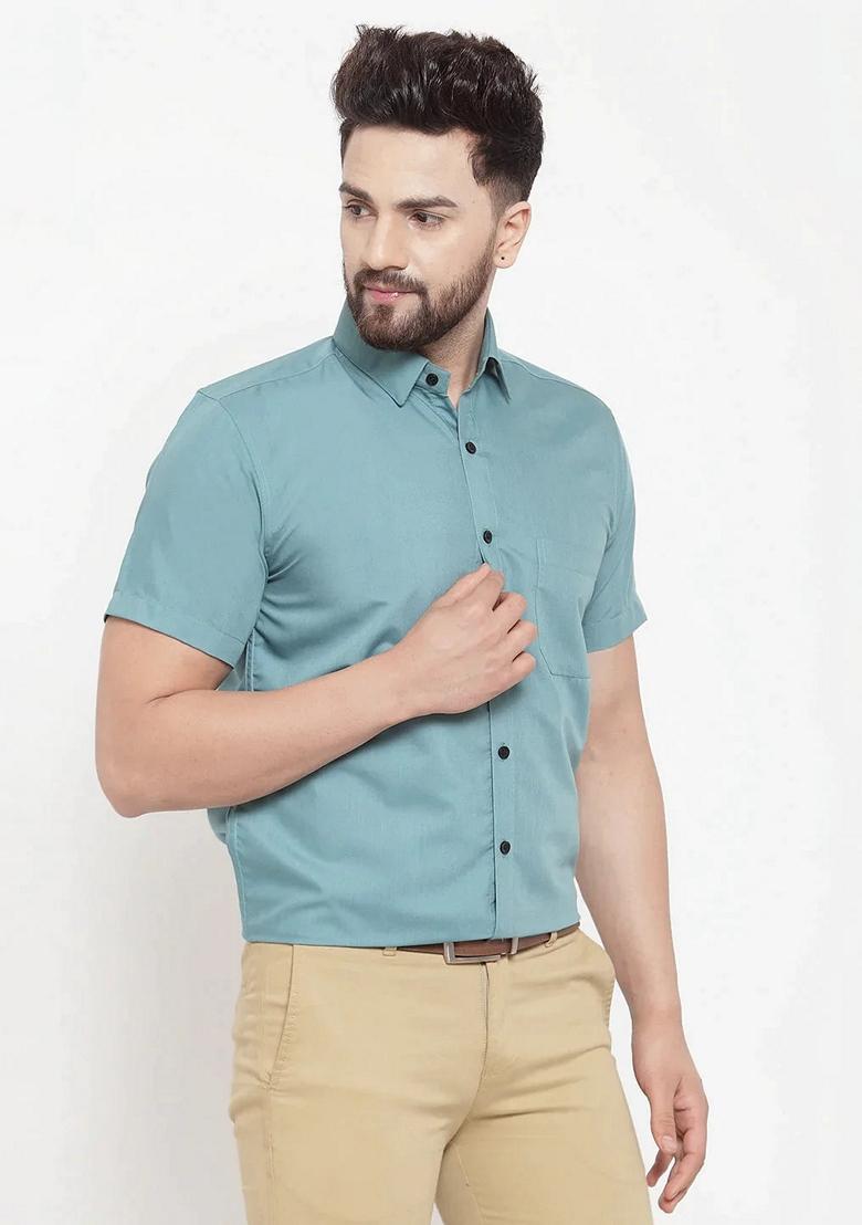 Aqua Blue Cotton Shirt For Men - Indya