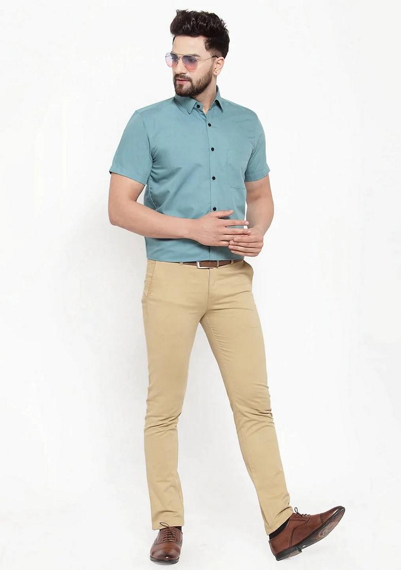 Aqua Blue Cotton Shirt For Men - Indya
