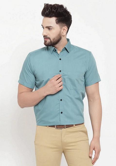 Aqua Blue Cotton Shirt For Men