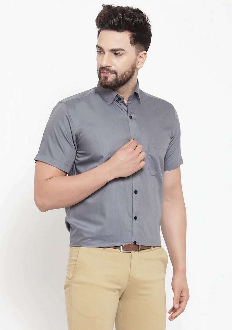 Grey Cotton Shirt For Men - Indya