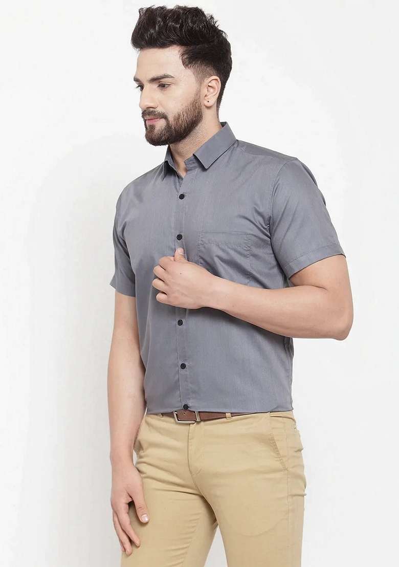 Grey Cotton Shirt For Men - Indya