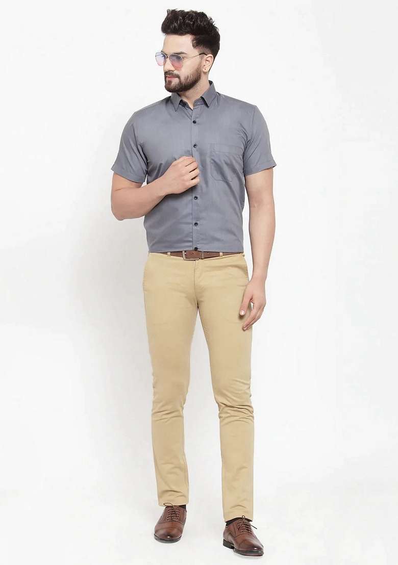 Grey Cotton Shirt For Men - Indya