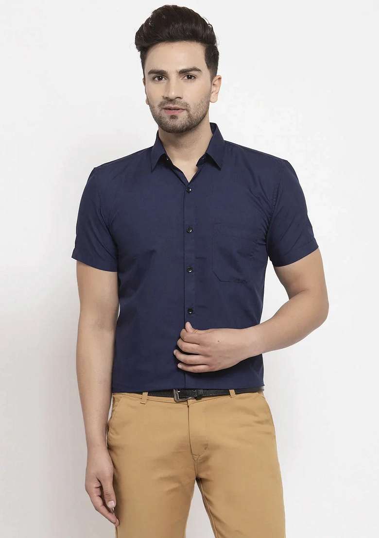 Navy Blue Cotton Shirt For Men - Indya