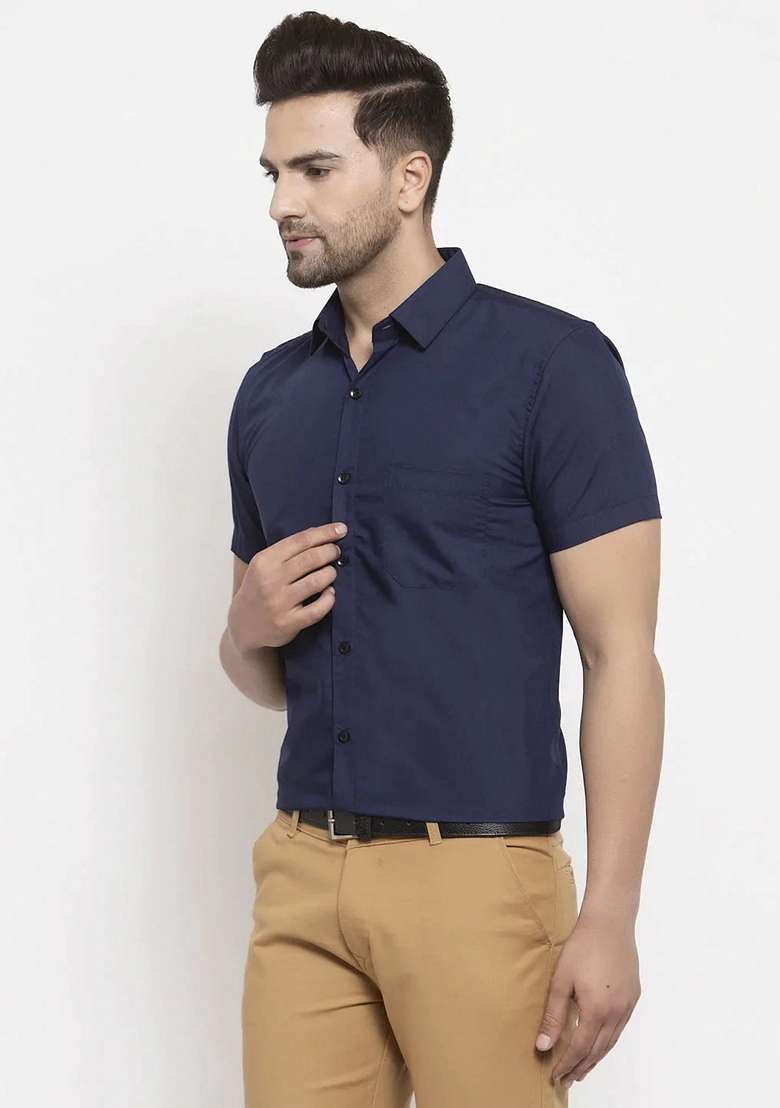 Navy Blue Cotton Shirt For Men - Indya