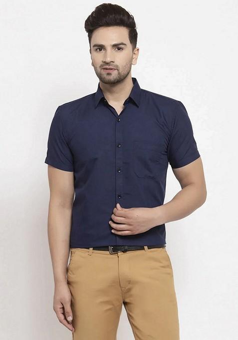 Navy Blue Cotton Shirt For Men