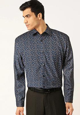 Navy Blue Printed Cotton Shirt For Men