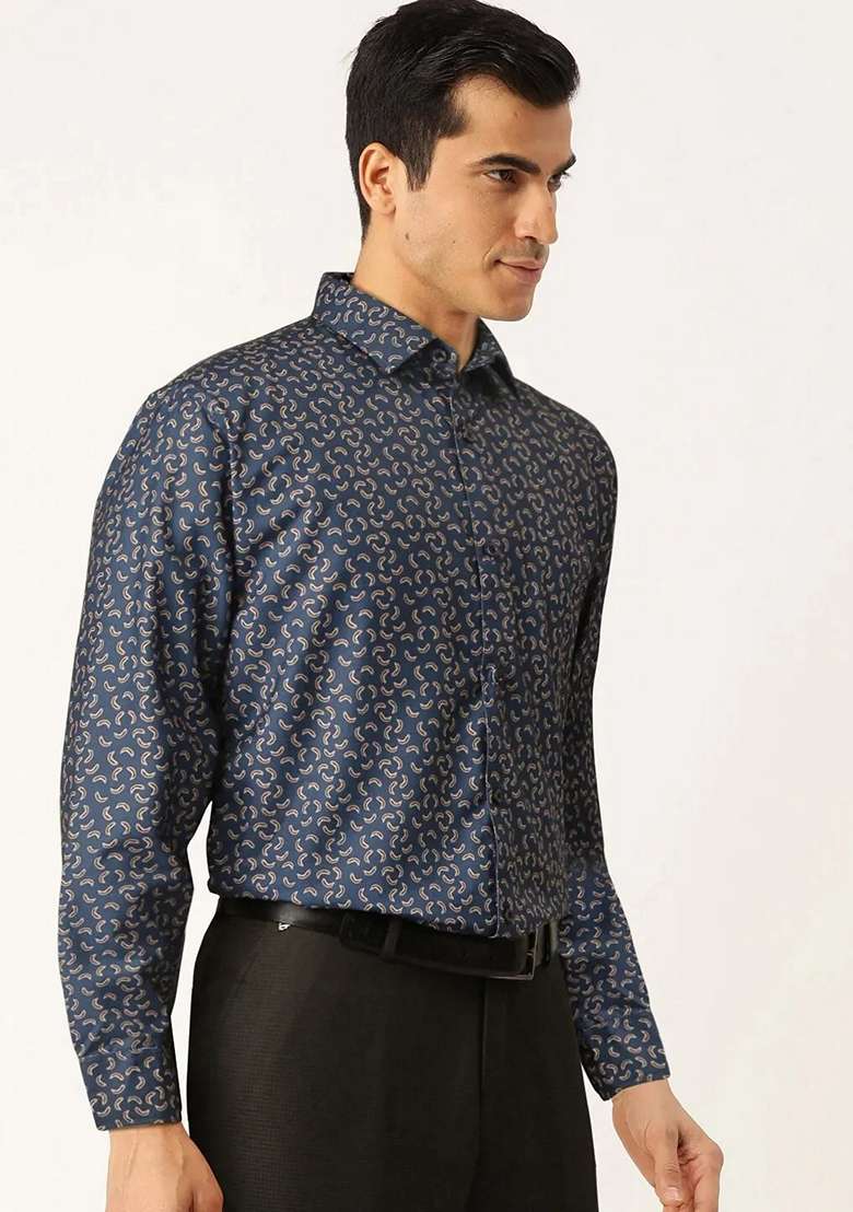 Navy Blue Printed Cotton Shirt For Men - Indya
