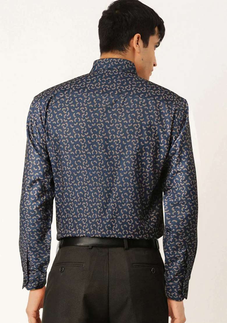 Navy Blue Printed Cotton Shirt For Men - Indya