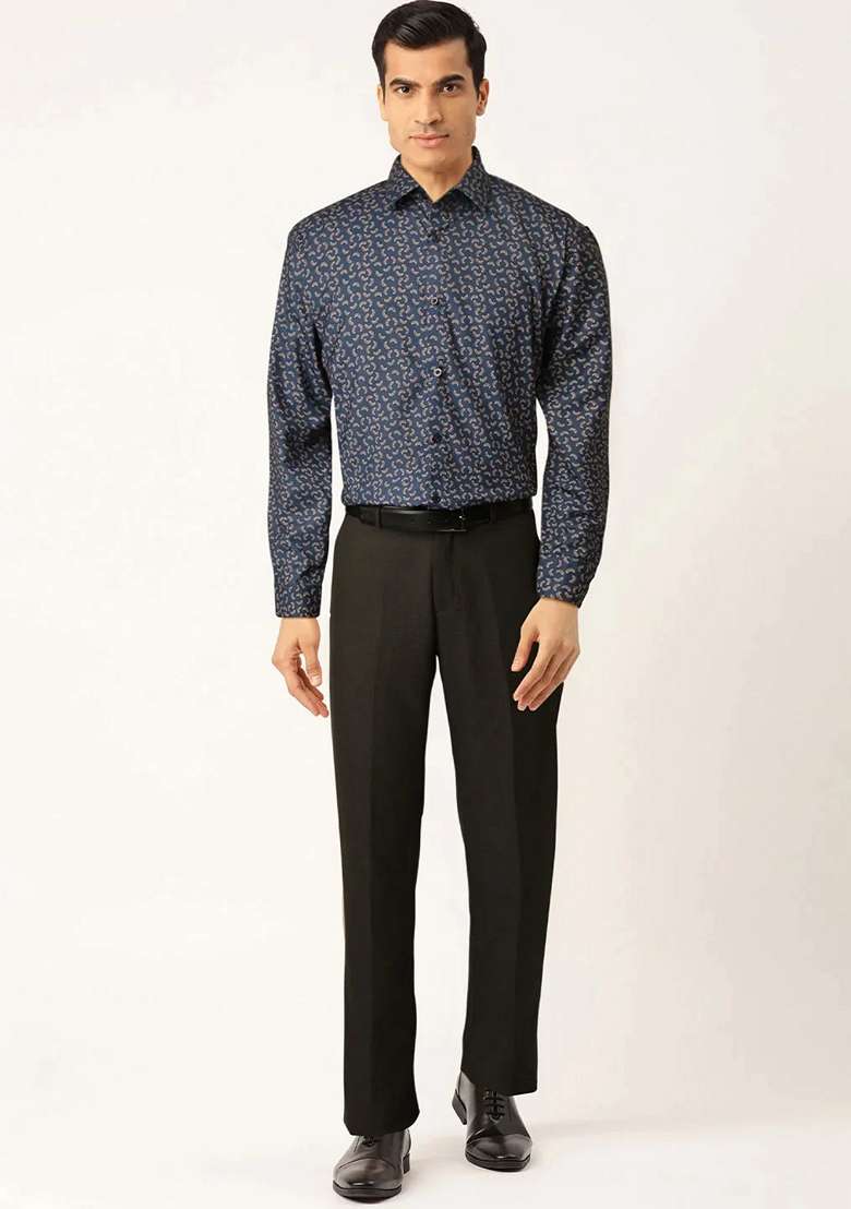 Navy Blue Printed Cotton Shirt For Men - Indya