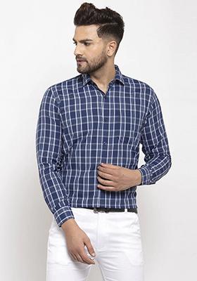 Blue Printed Cotton Shirt For Men