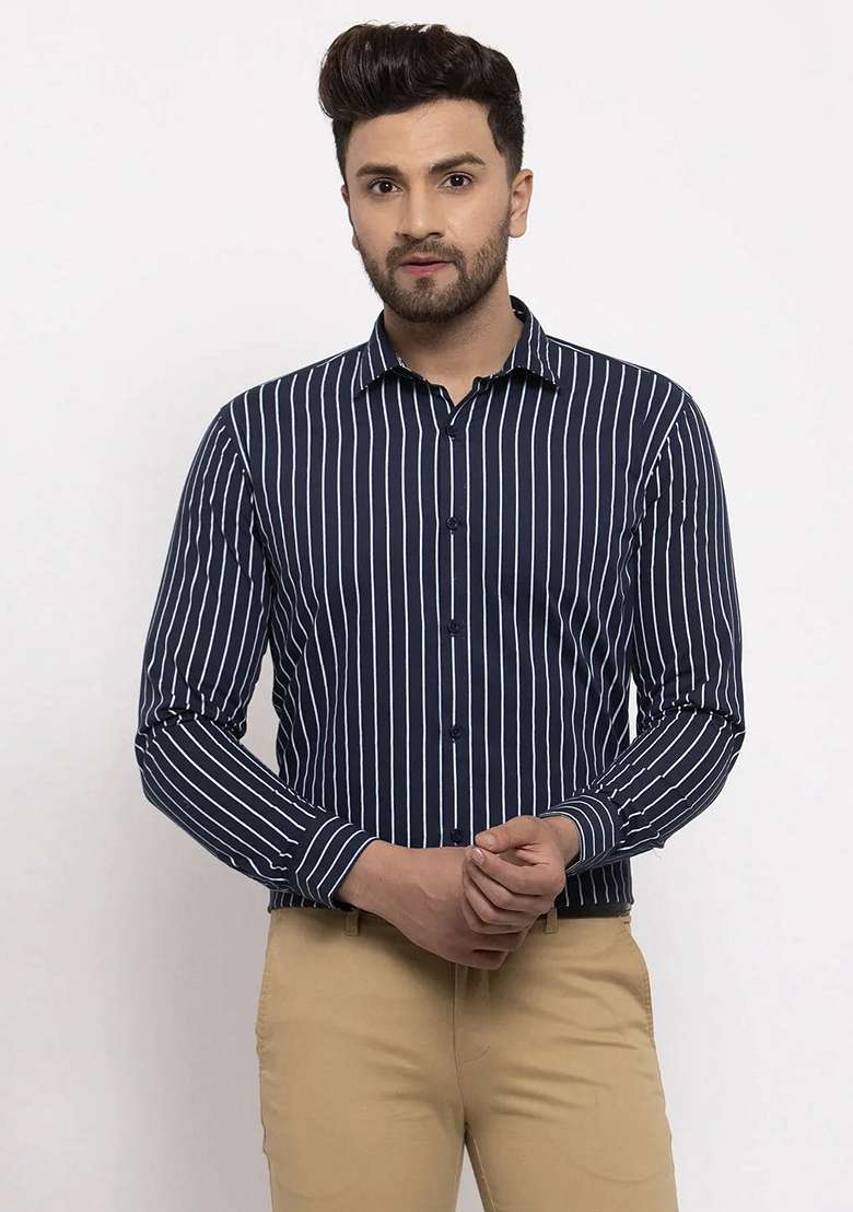 Navy Blue Printed Cotton Shirt For Men - Indya