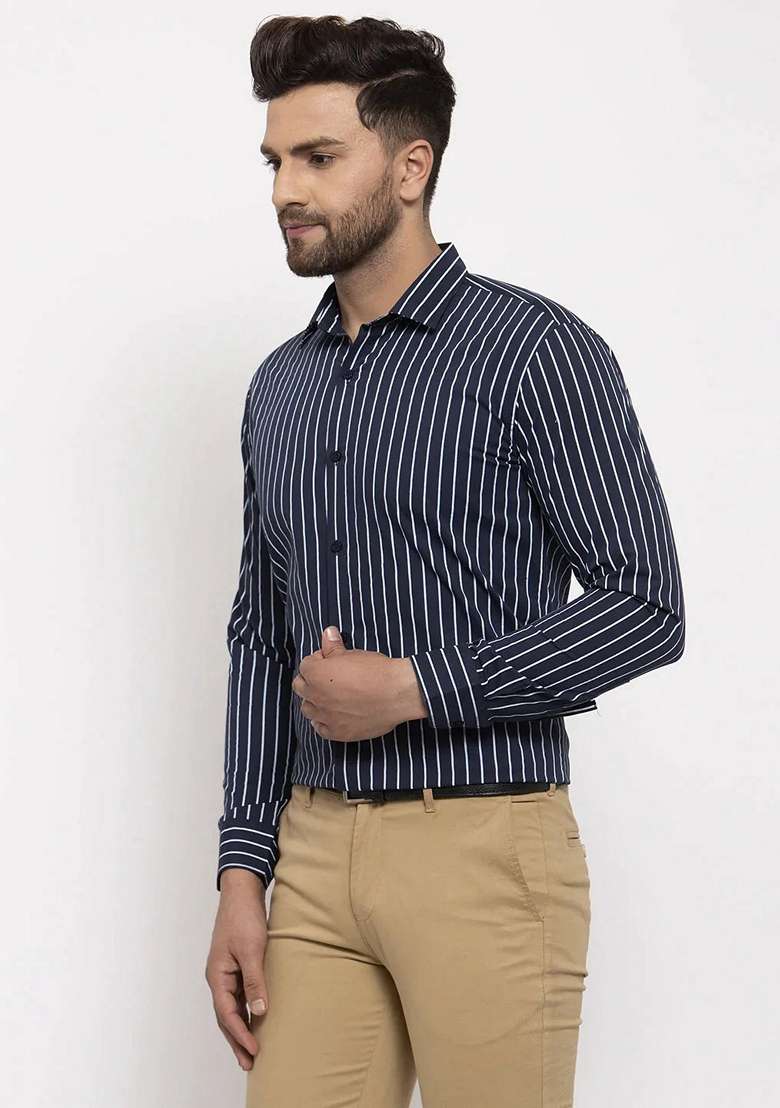 Navy Blue Printed Cotton Shirt For Men - Indya