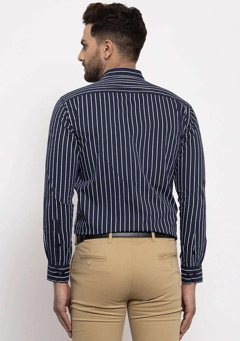 Navy Blue Printed Cotton Shirt For Men - Indya