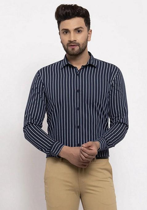 Navy Blue Printed Cotton Shirt For Men