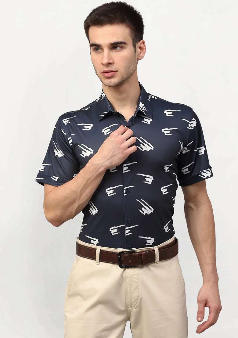 Navy Blue Printed Lycra Shirt For Men - Indya