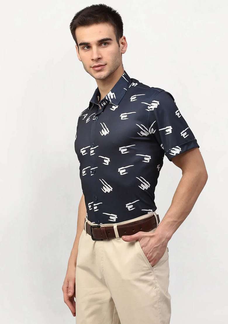Navy Blue Printed Lycra Shirt For Men - Indya