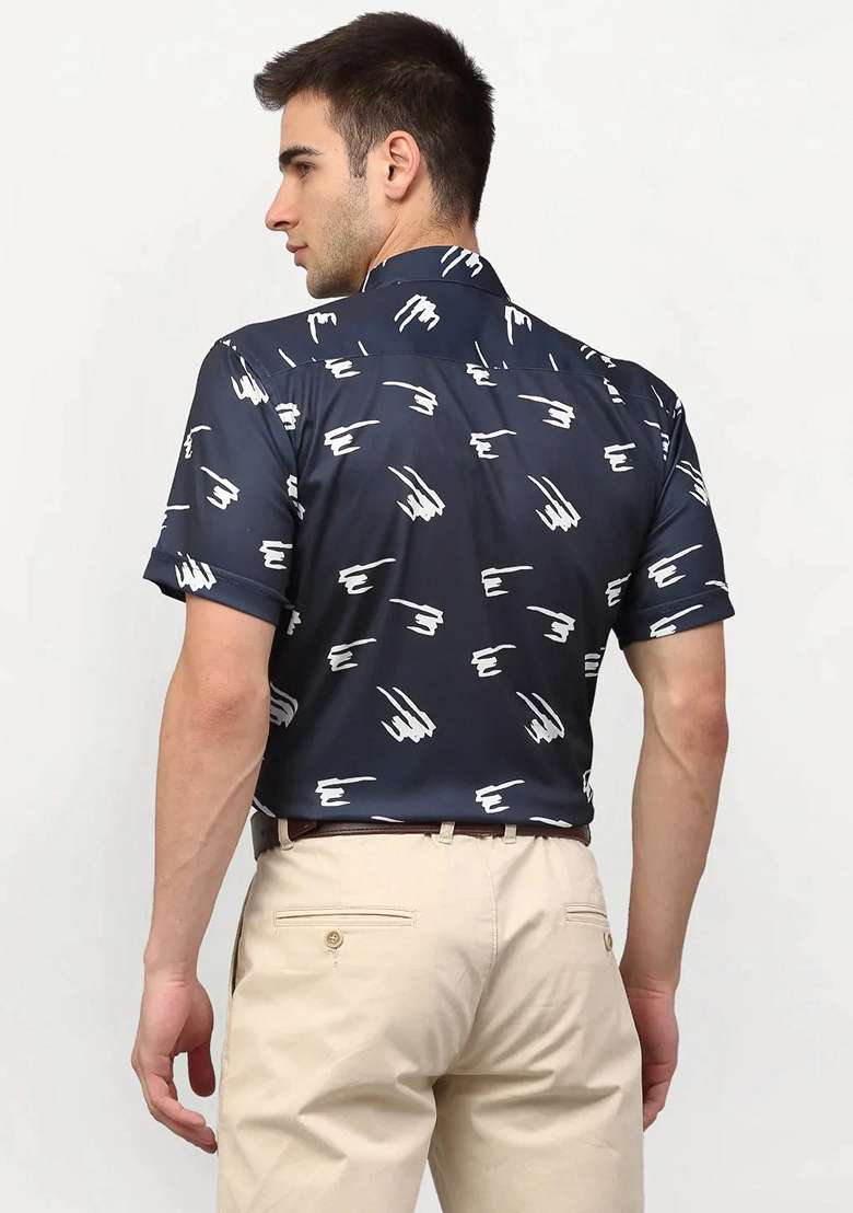 Navy Blue Printed Lycra Shirt For Men - Indya