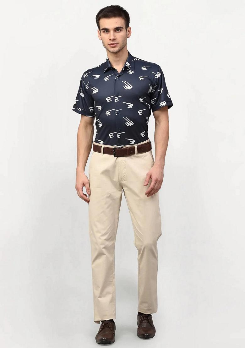 Navy Blue Printed Lycra Shirt For Men - Indya
