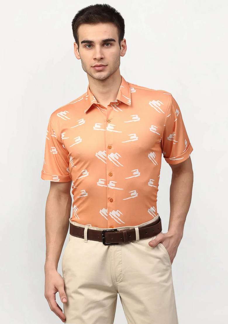 Peach Printed Lycra Shirt For Men - Indya