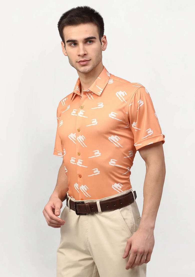 Peach Printed Lycra Shirt For Men - Indya