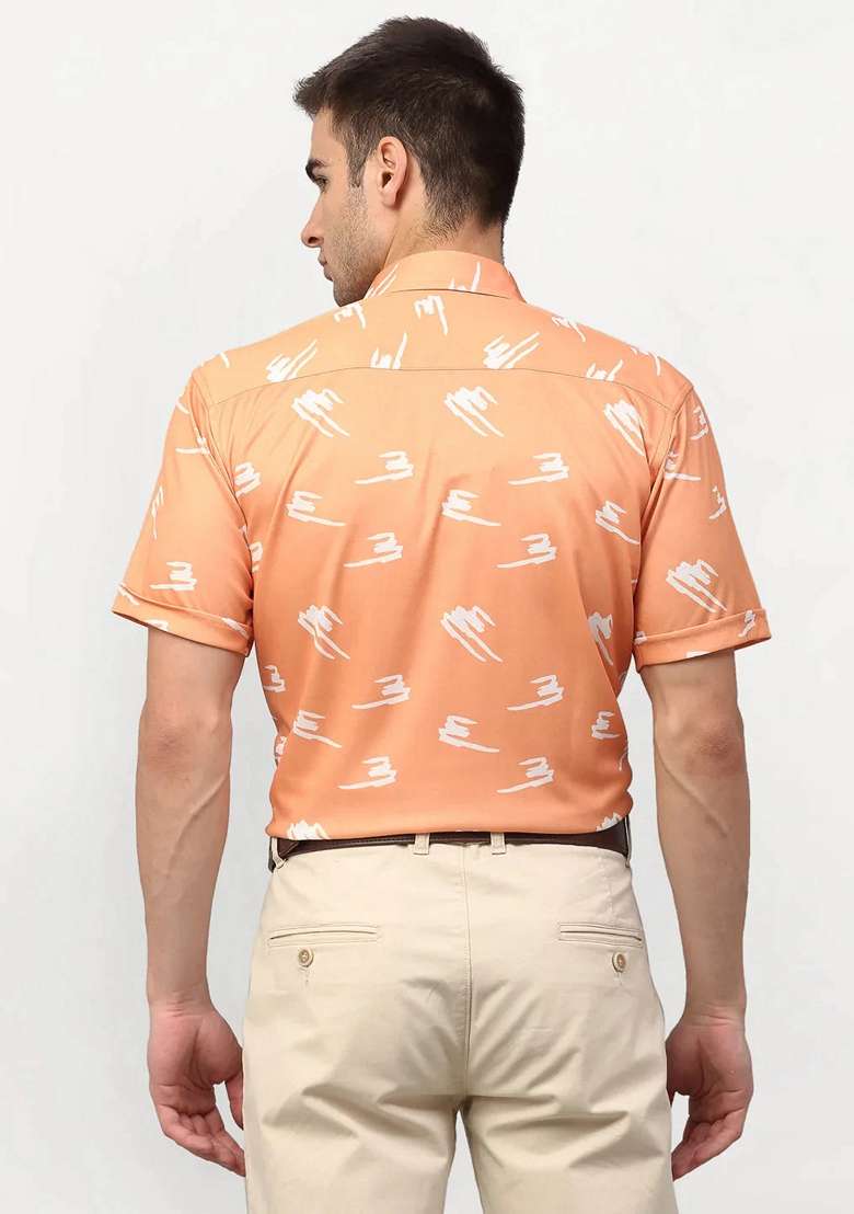 Peach Printed Lycra Shirt For Men - Indya