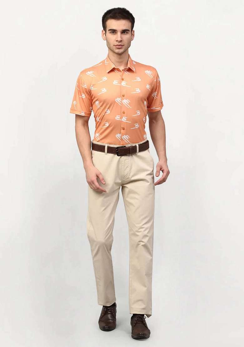 Peach Printed Lycra Shirt For Men - Indya