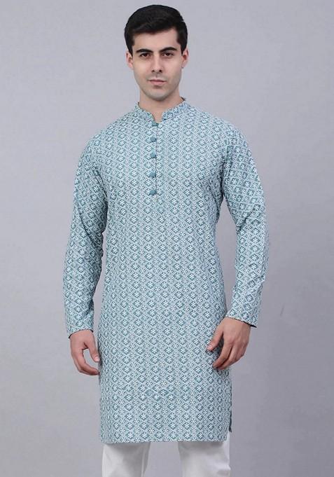 Teal Blue Embroidered Cotton Kurta For Men