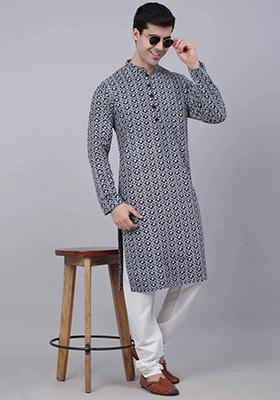 Navy Blue Embroidered Cotton Kurta For Men