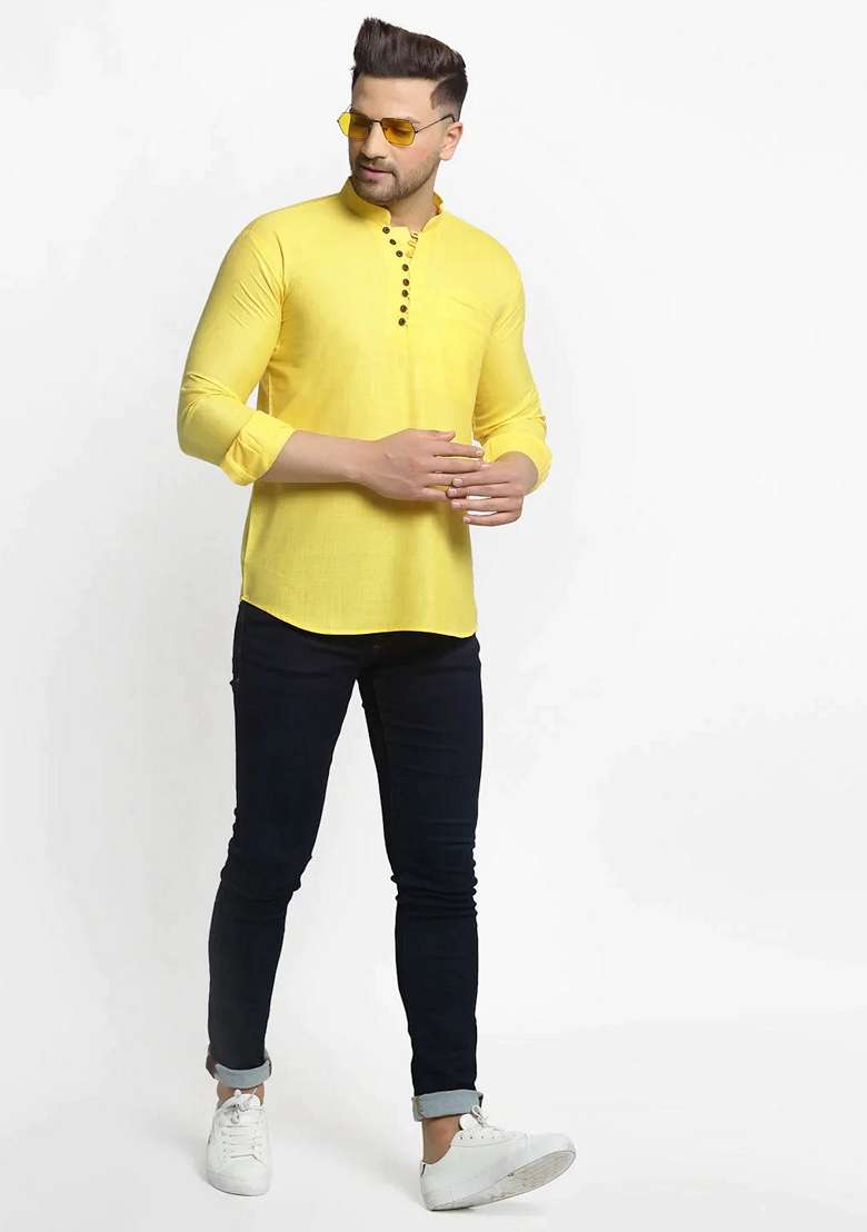 Lemon Green Cotton Kurta For Men - Indya