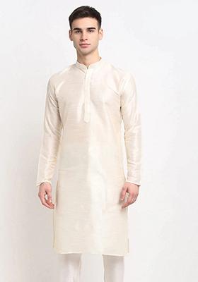White Dupion Silk Kurta For Men