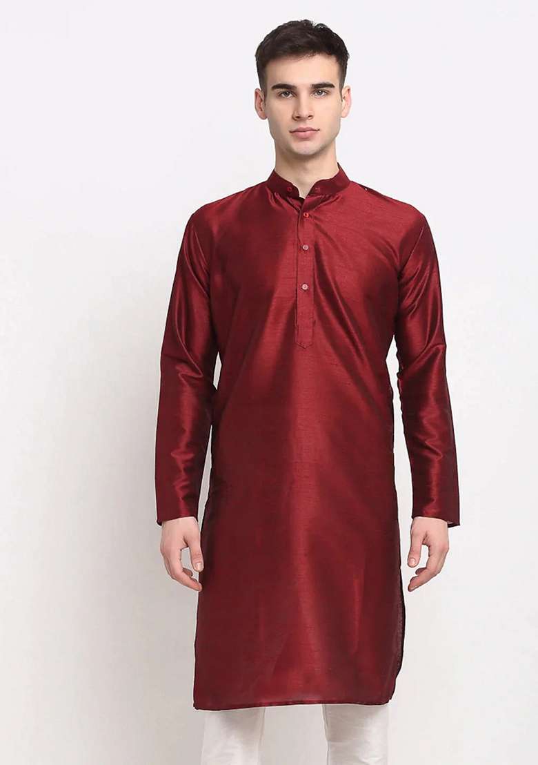 Maroon Dupion Silk Blend Kurta For Men - Indya