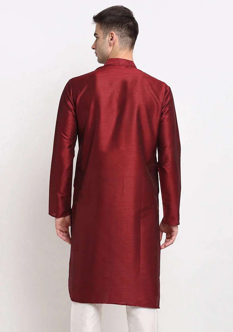 Maroon Dupion Silk Blend Kurta For Men - Indya