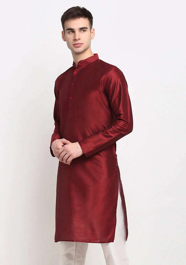 Maroon Dupion Silk Blend Kurta For Men - Indya
