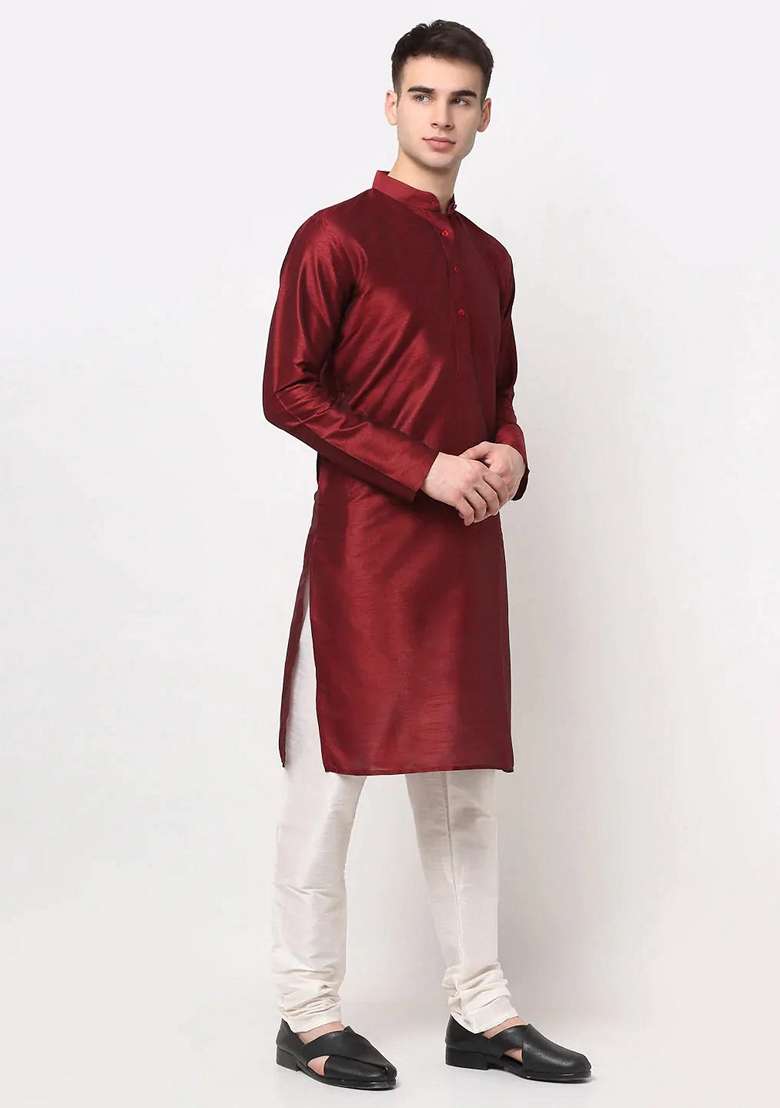 Maroon Dupion Silk Blend Kurta For Men - Indya