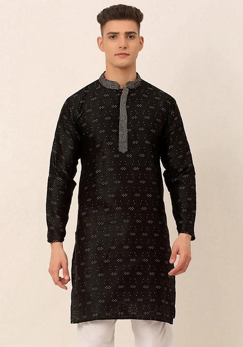 Black Woven Design Silk Blend Kurta For Men