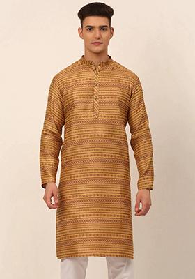 Yellow Printed Cotton Blend Kurta For Men