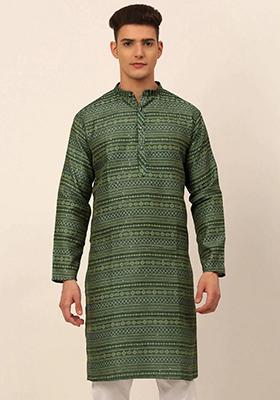 Green Printed Cotton Blend Kurta For Men