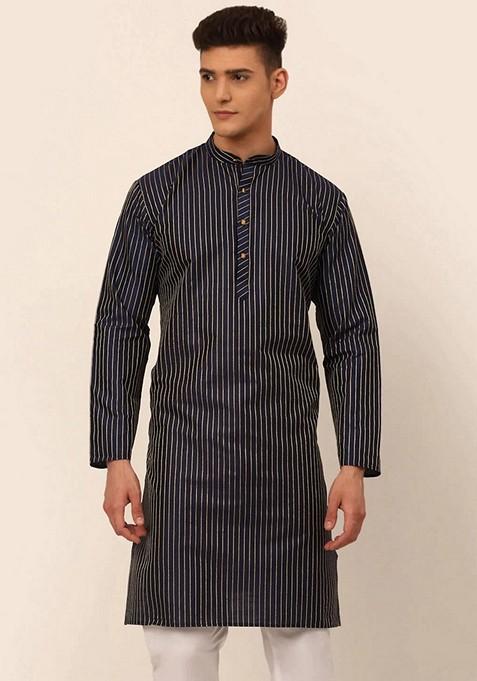 Navy Blue Chikankari Cotton Blend Kurta For Men