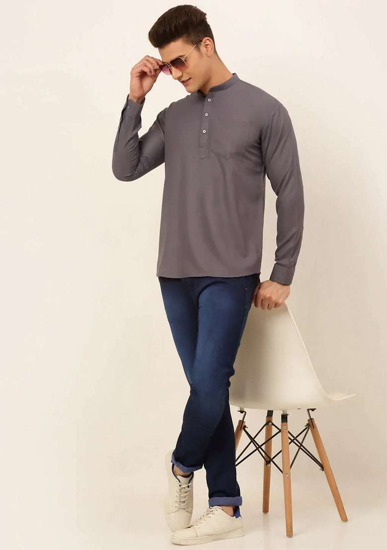 Grey Cotton Kurta For Men - Indya