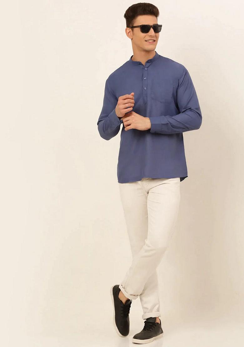 Blue Cotton Kurta For Men - Indya