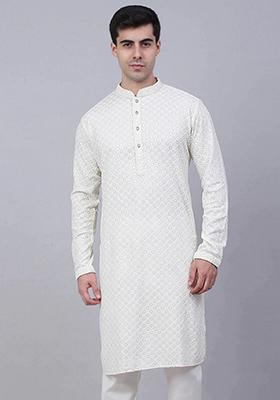 White Embroidered Viscose Rayon Kurta For Men