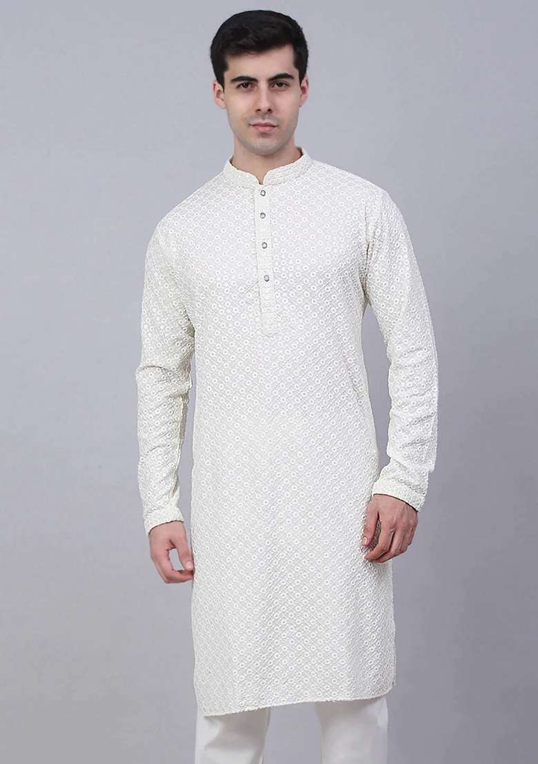 White Embroidered Viscose Rayon Kurta For Men - Indya