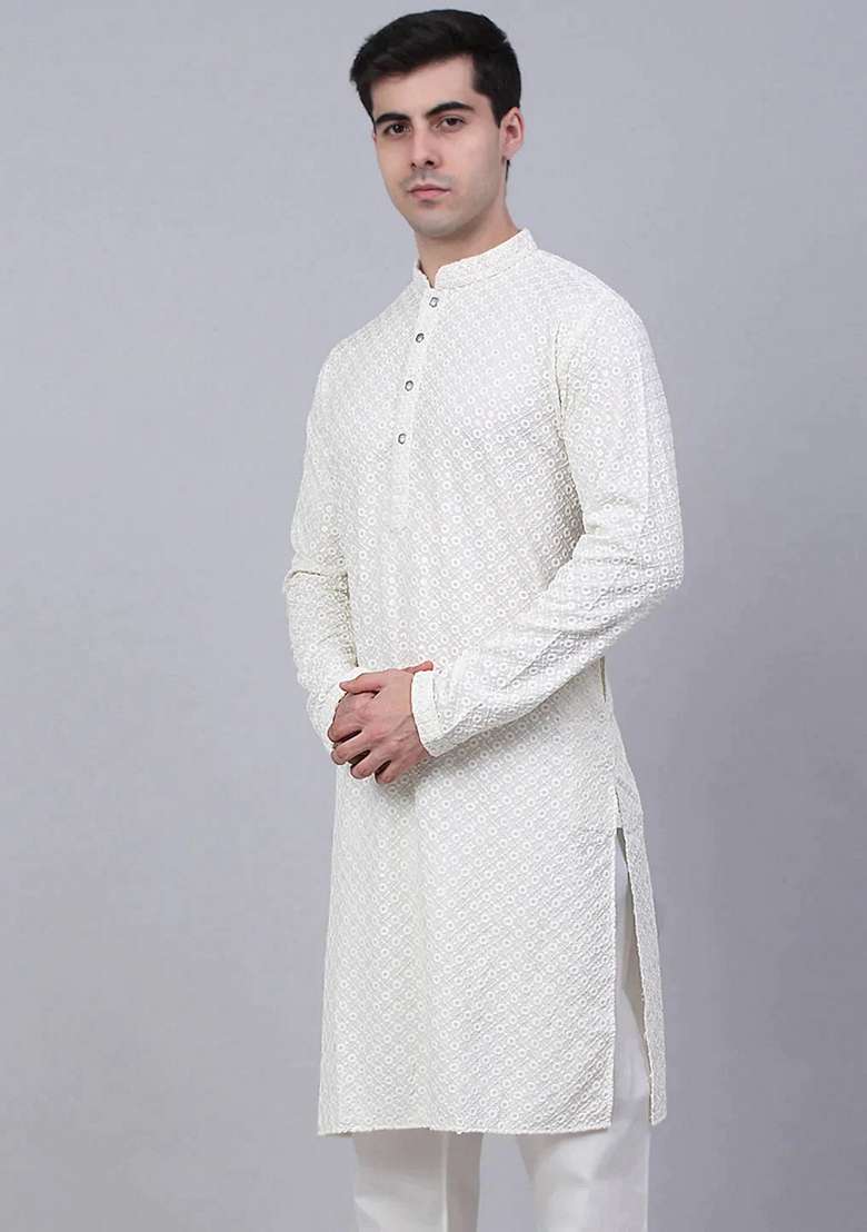 White Embroidered Viscose Rayon Kurta For Men - Indya