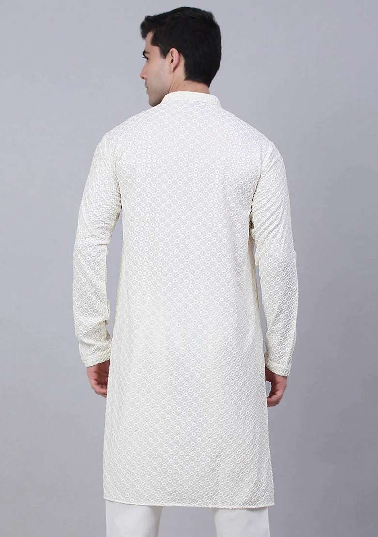White Embroidered Viscose Rayon Kurta For Men - Indya