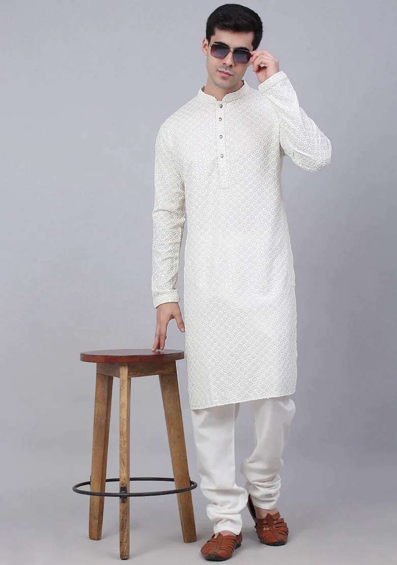 White Embroidered Viscose Rayon Kurta For Men - Indya