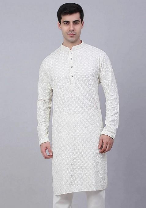 White Embroidered Viscose Rayon Kurta For Men