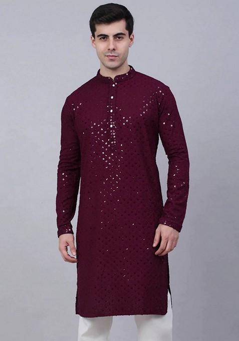 Purple Embroidered Viscose Rayon Kurta For Men