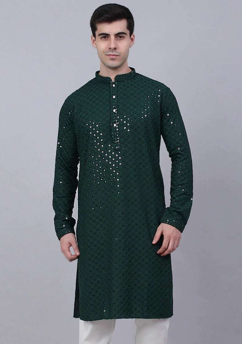 Olive Embroidered Viscose Rayon Kurta For Men - Indya