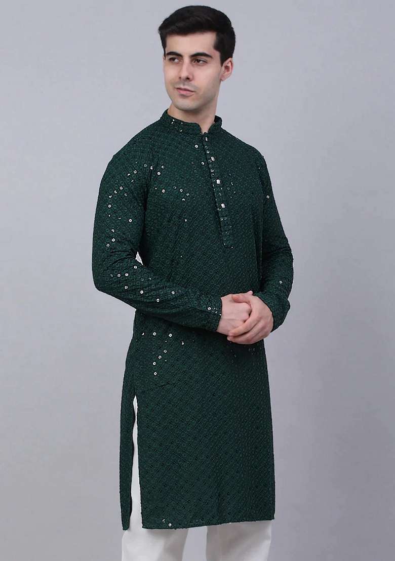 Olive Embroidered Viscose Rayon Kurta For Men - Indya