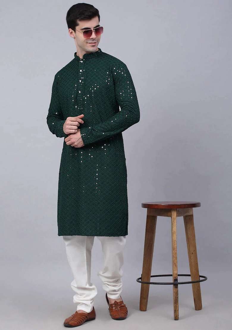 Olive Embroidered Viscose Rayon Kurta For Men - Indya